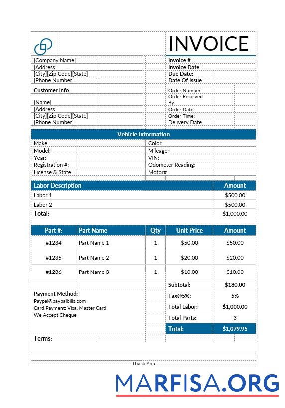 Realistic Auto Repair Service Invoice Template